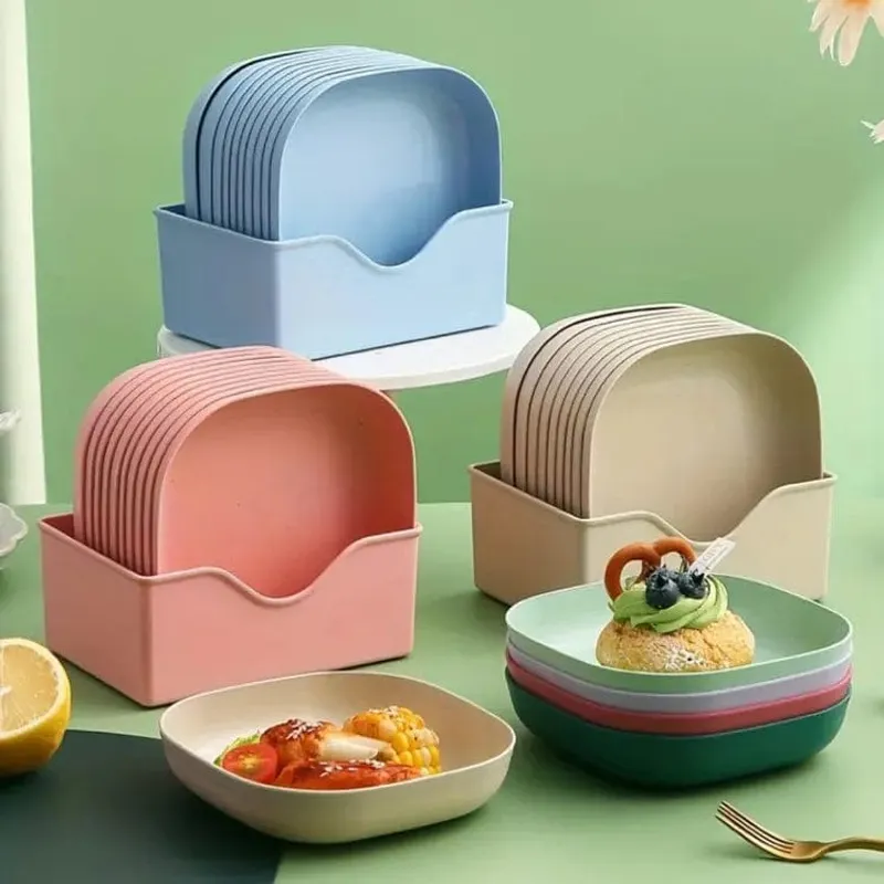 10PCS Plastic Reusable Food Plates Set with Storage Stand | Snack, Breakfast & Dinner Plates