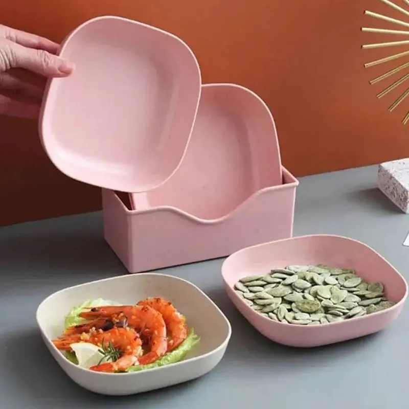 10PCS Plastic Reusable Food Plates Set with Storage Stand | Snack, Breakfast & Dinner Plates