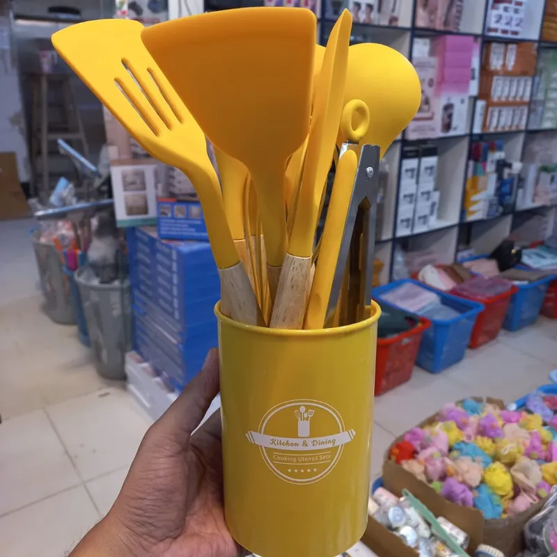 12-Piece Silicone Kitchen Utensils Set with Wooden Handles & Storage Holder