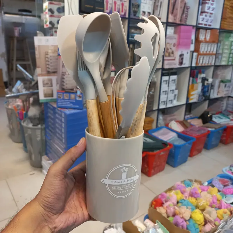 12-Piece Silicone Kitchen Utensils Set with Wooden Handles & Storage Holder
