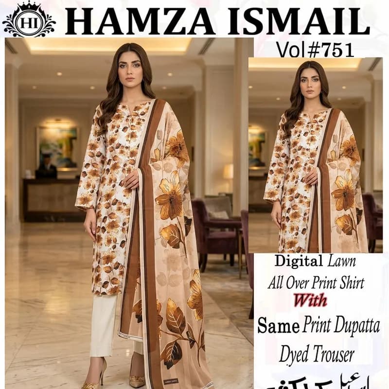 Hamza Ismail Vol. 751 Digital Printed Lawn 3 Piece Suit for Women with Printed Dupatta & Dyed Trouser