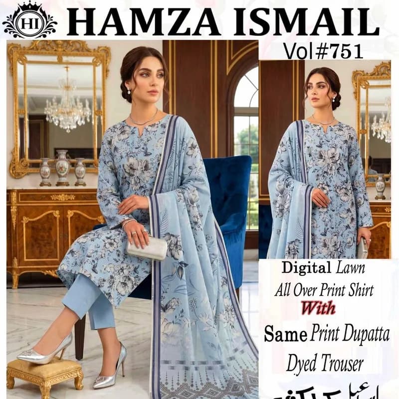 Hamza Ismail Vol. 751 Digital Printed Lawn 3 Piece Suit for Women with Printed Dupatta & Dyed Trouser