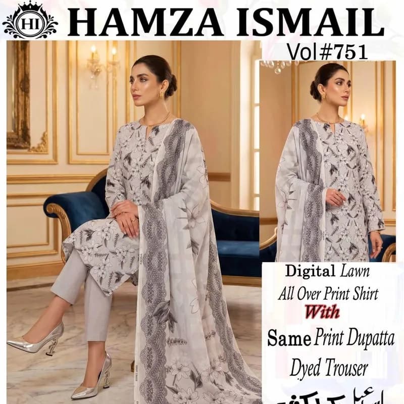 Hamza Ismail Vol. 751 Digital Printed Lawn 3 Piece Suit for Women with Printed Dupatta & Dyed Trouser