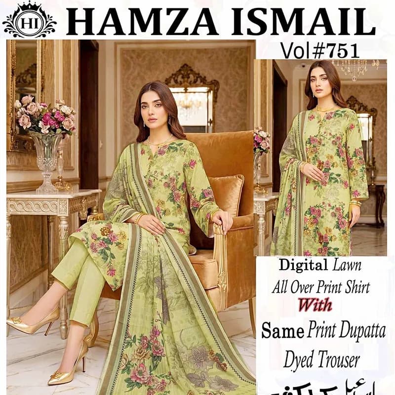 Hamza Ismail Vol. 751 Digital Printed Lawn 3 Piece Suit for Women with Printed Dupatta & Dyed Trouser