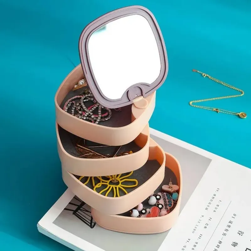 4 Layer Storage with Mirror Rotating Jewelry Box Cosmetics Tray Organizer for Necklace Bracelet Ring