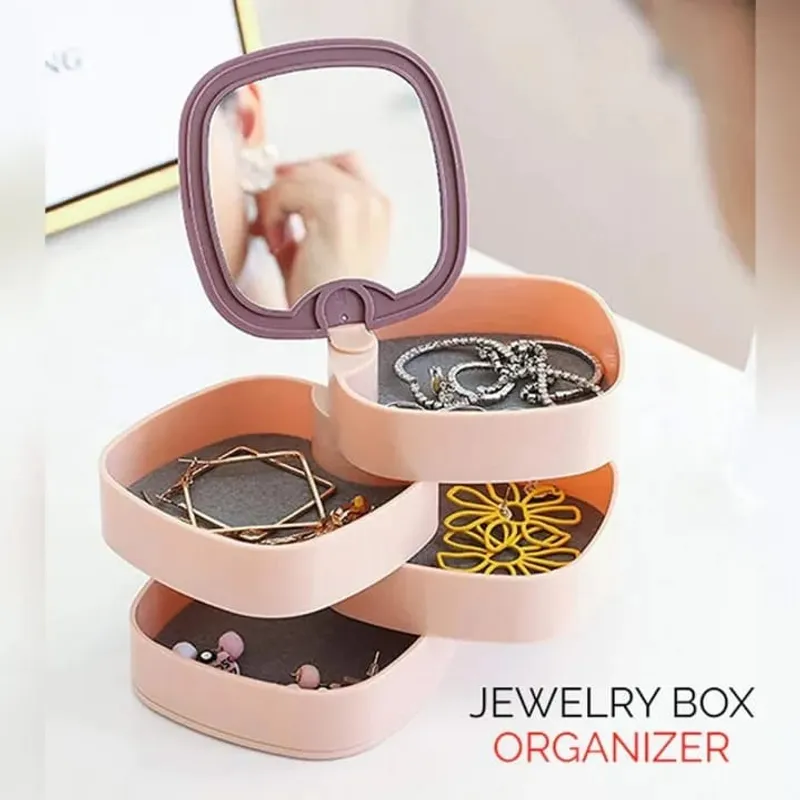 4 Layer Storage with Mirror Rotating Jewelry Box Cosmetics Tray Organizer for Necklace Bracelet Ring