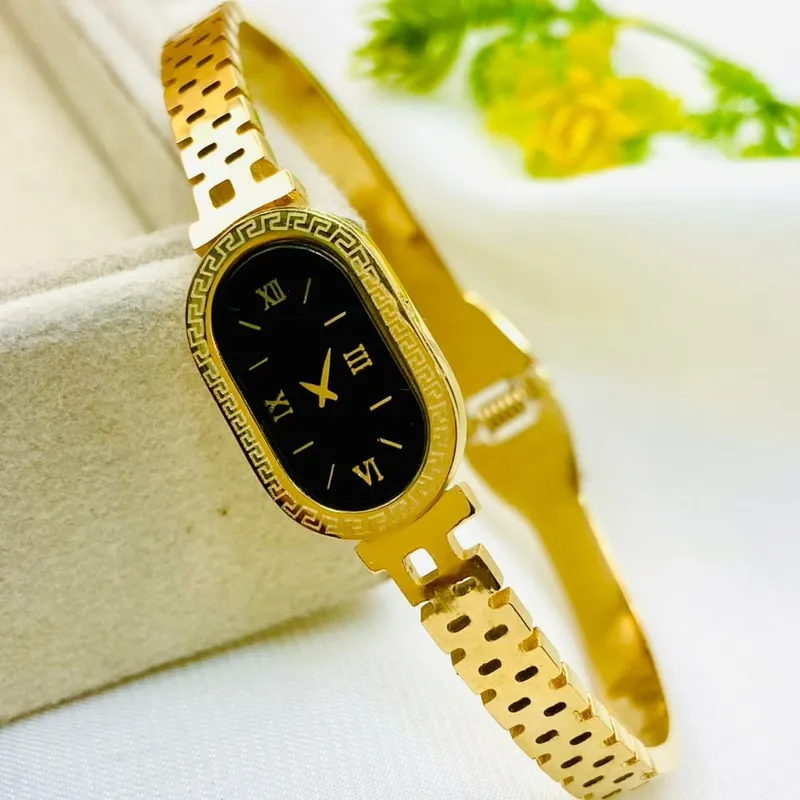 Luxury Gold Stainless Steel Adjustable Cuff Bracelet Watch Style Bangle for Women