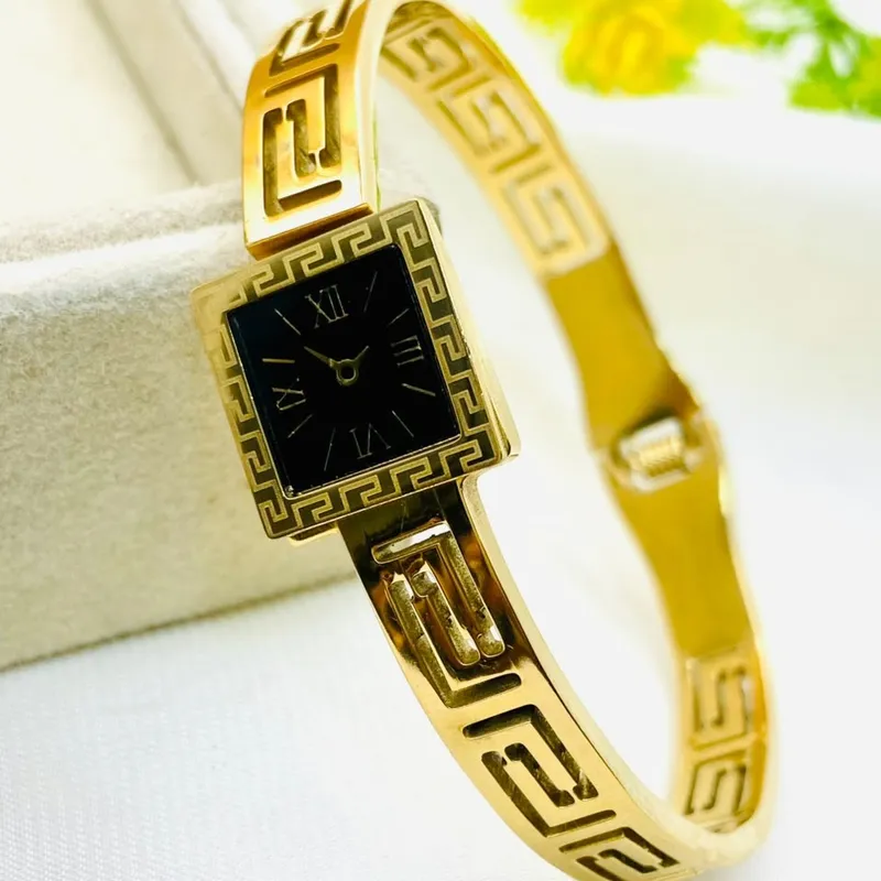 Luxury Gold Stainless Steel Adjustable Cuff Bracelet Watch Style Bangle for Women