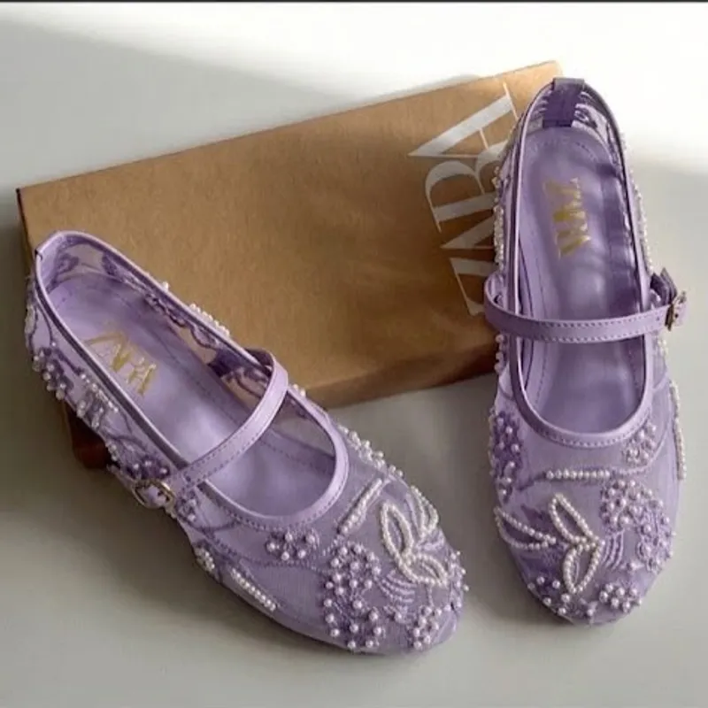 ZARA Net Pearl Embroidered Flat Shoes for Women