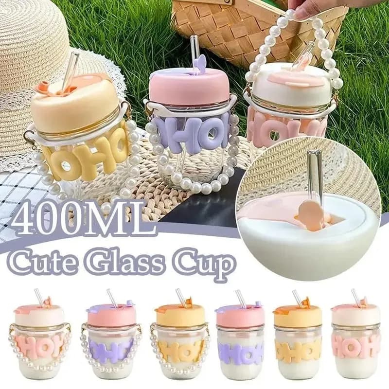 Imported Cute Girl Transparent Cup with Pearl Chain & Straw