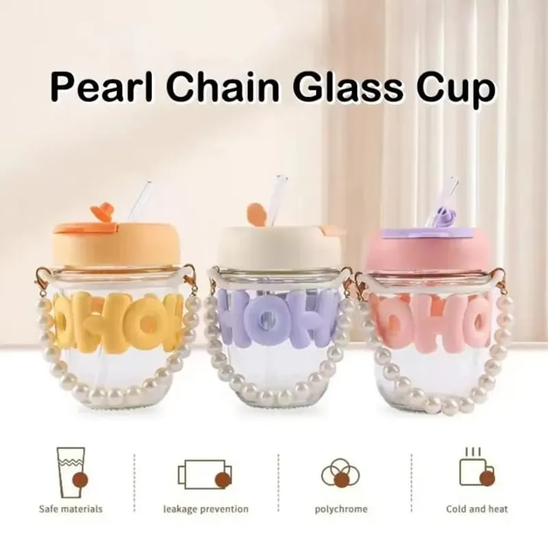 Imported Cute Girl Transparent Cup with Pearl Chain & Straw