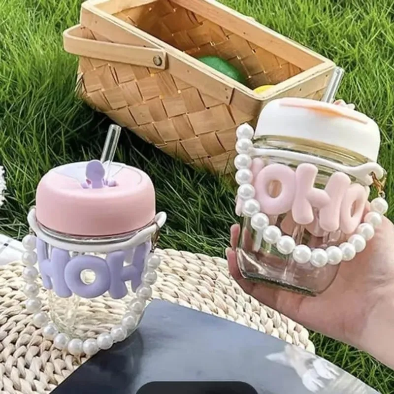 Imported Cute Girl Transparent Cup with Pearl Chain & Straw