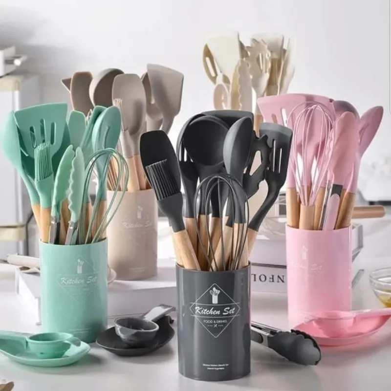 12-Piece Silicone Kitchen Utensils Set with Wooden Handles & Storage Holder