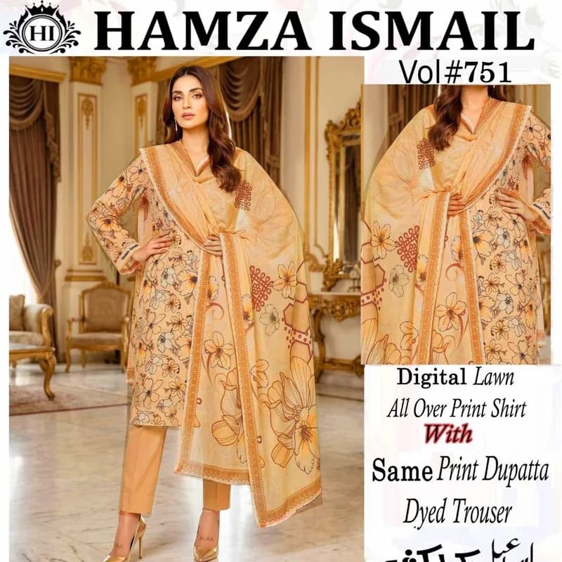 Hamza Ismail Vol. 751 Digital Printed Lawn 3 Piece Suit for Women with Printed Dupatta & Dyed Trouser