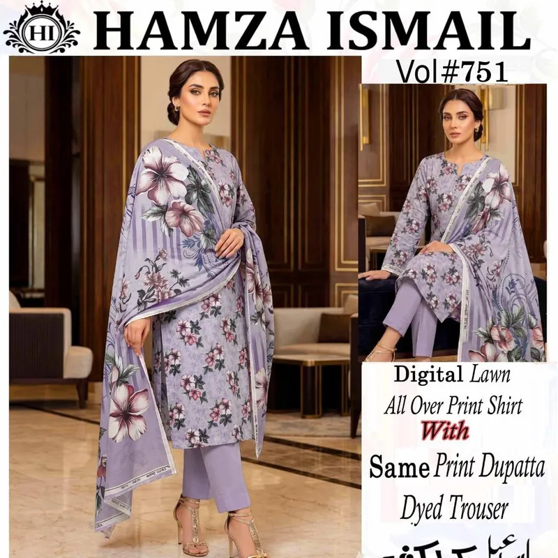 Hamza Ismail Vol. 751 Digital Printed Lawn 3 Piece Suit for Women with Printed Dupatta & Dyed Trouser