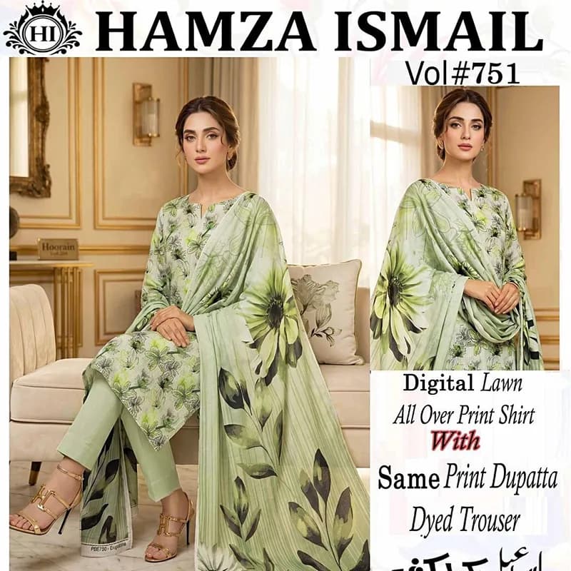 Hamza Ismail Vol. 751 Digital Printed Lawn 3 Piece Suit for Women with Printed Dupatta & Dyed Trouser