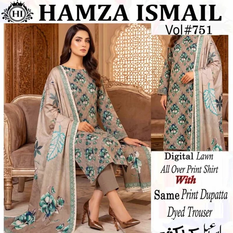 Hamza Ismail Vol. 751 Digital Printed Lawn 3 Piece Suit for Women with Printed Dupatta & Dyed Trouser