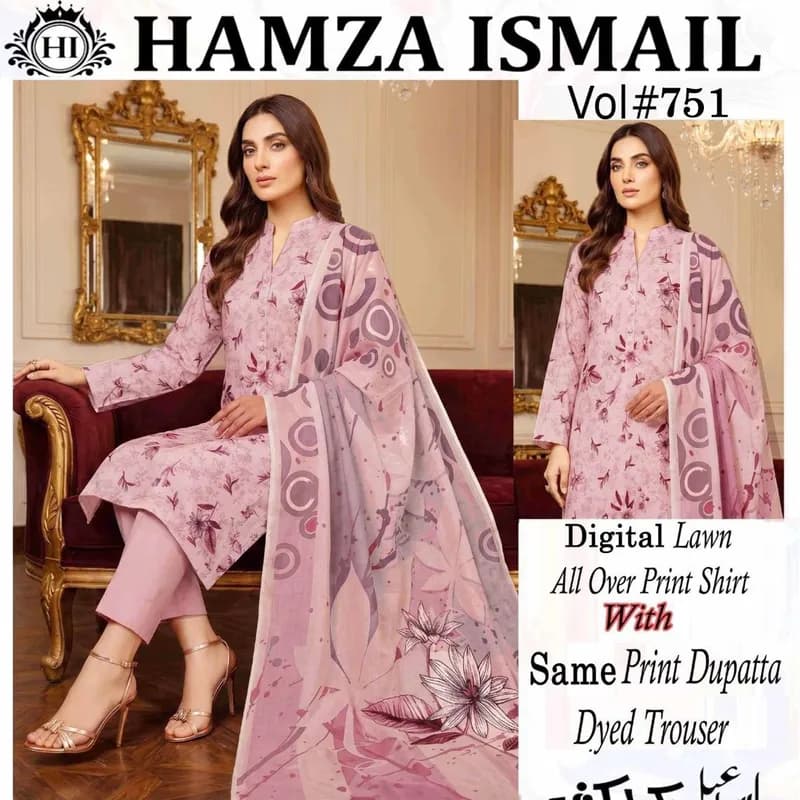 Hamza Ismail Vol. 751 Digital Printed Lawn 3 Piece Suit for Women with Printed Dupatta & Dyed Trouser