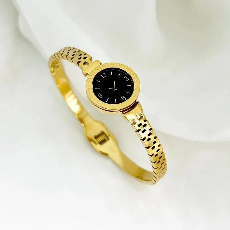 Luxury Gold Stainless Steel Adjustable Cuff Bracelet Watch Style Bangle for Women