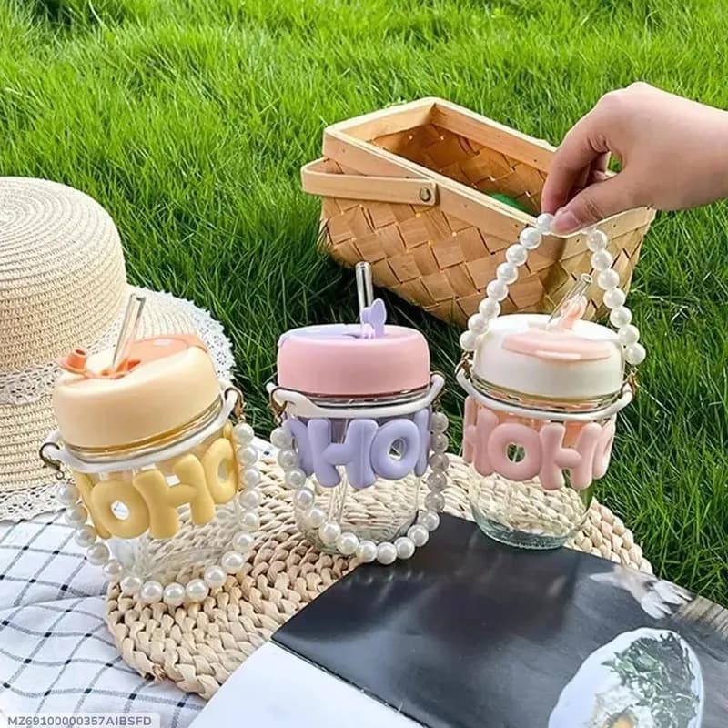 Imported Cute Girl Transparent Cup with Pearl Chain & Straw